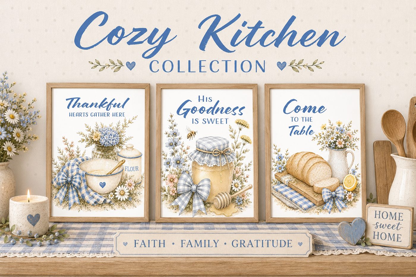 Cozy farmhouse kitchen wall art set