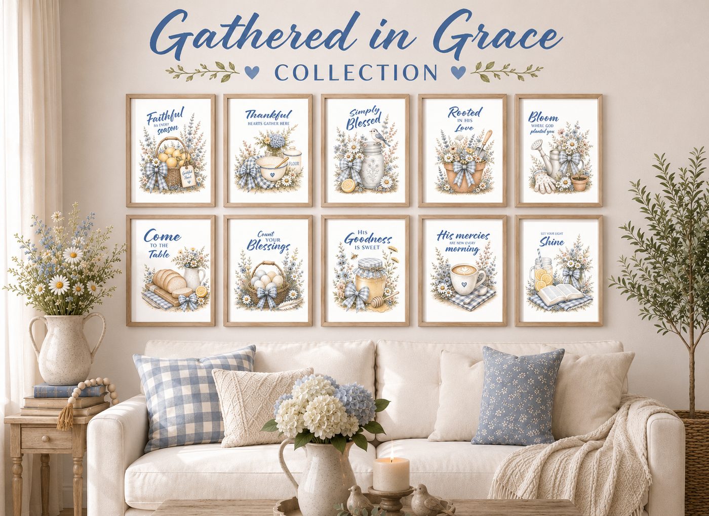 Gathered in Grace watercolor scripture print collection styled on a wall
